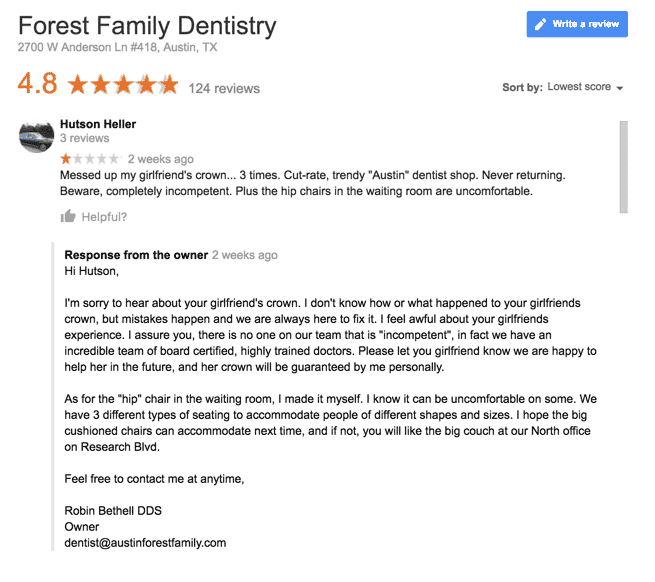 Responding to a negative review - Forest Family Dentistry