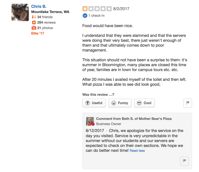 Responding to a negative review - Pizza Place