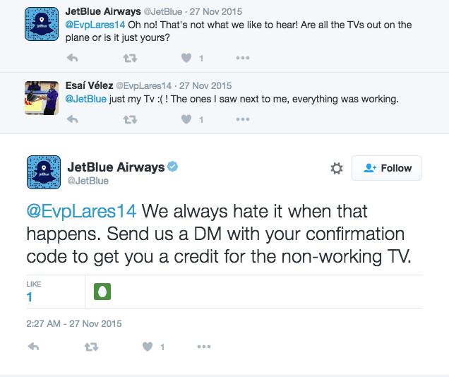 Responding to a negative review - Jet Blue on Twitter